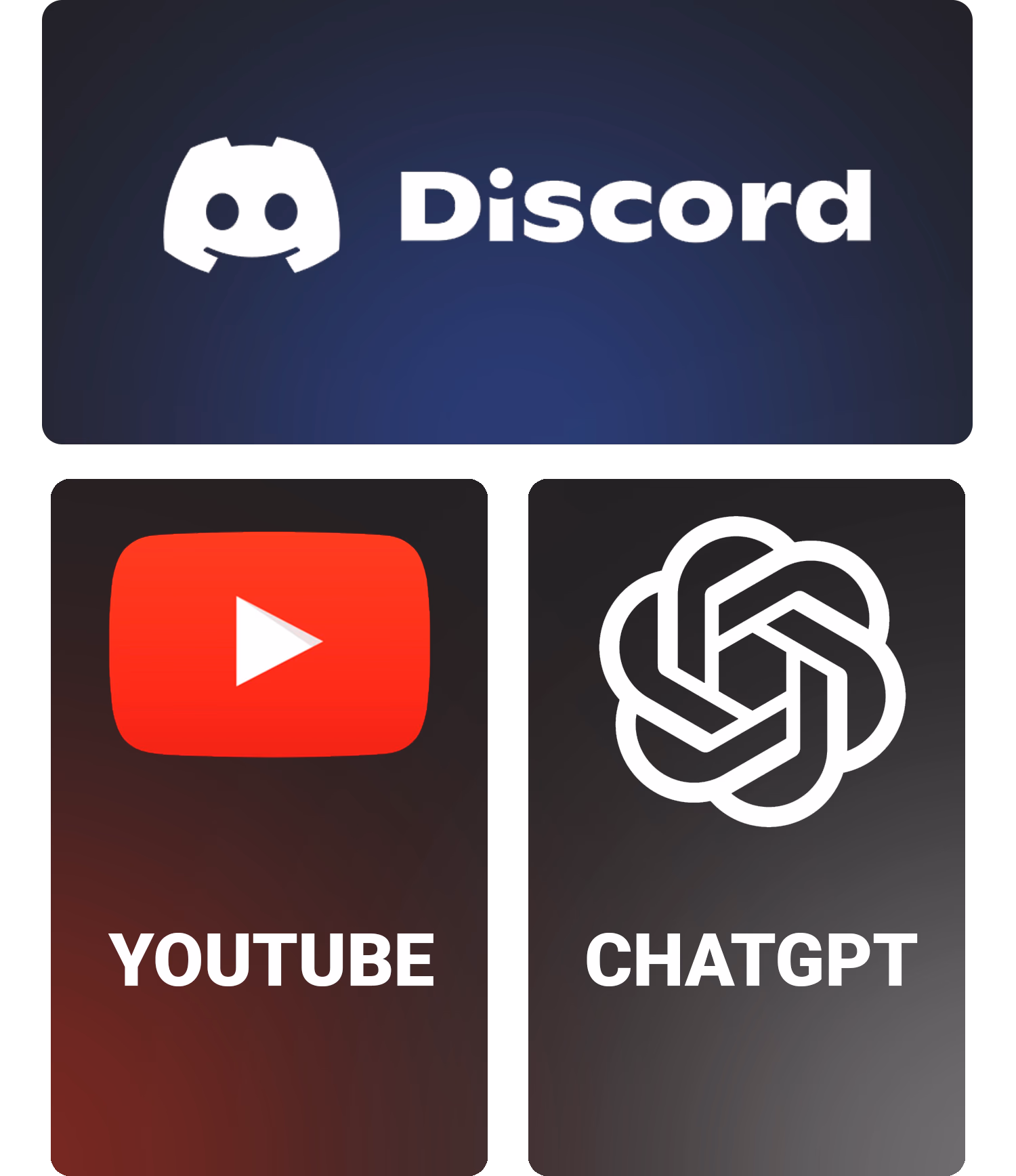 Иконки популярных сервисов: Discord, YouTube и ChatGPT, для которых VPN SkyTunnel обеспечивает свободный и быстрый доступ без блокировок. VPN идеально подходит для общения, просмотра видео и работы с ИИ-платформами, включая YouTube и ChatGPT.